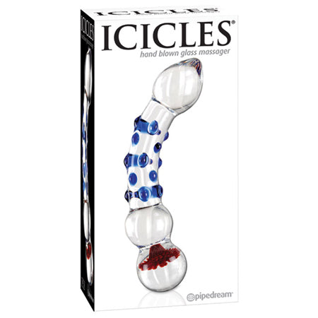 Icicles No. 18 Curved Textured 7.5 in. Glass Dildo Blue/Red/Clear