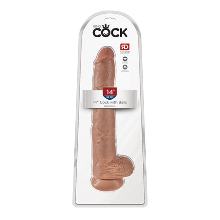 King Cock 14 in. Cock With Balls Realistic Suction Cup Dildo Tan