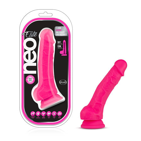 Neo Elite 7.5 in. Silicone Dual Density Dildo with Balls Neon Pink